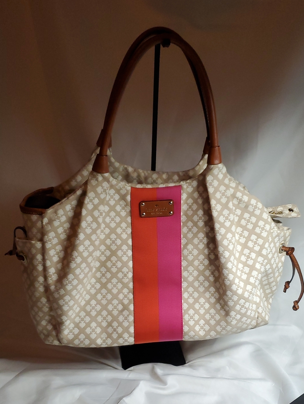 Kate Spade Patterned Diaper Bag with Orange & Pink Stripe